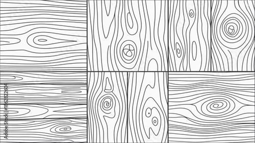 Six Unique Wood Grain Patterns in Black and White Line Art