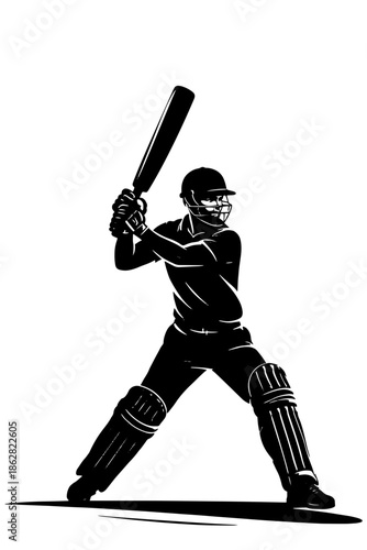 Black silhouette vector of cricket batsman in action pose. Clean minimalist design perfect for sports logos, icons, and athletic themed projects. Isolated on white background.