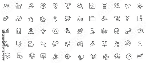 Line icons about action plan. Contains such icons as search strategy, target, scheme, timeline and workflow.Action plan set of web icons in line style. Strategy action planning icons.