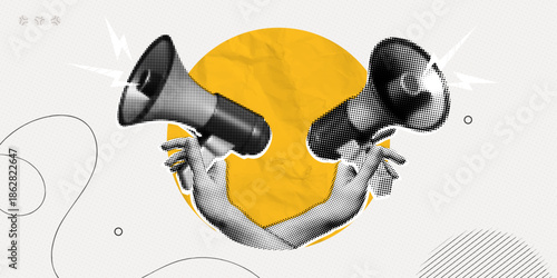 Trendy Halftone Collage Social media news. Hands holding Megaphone with announce information. Propaganda and fake news. Sale and marketing promotions. Contemporary vector illustration art