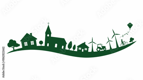Green Silhouette Village Scene with Wind Turbines and Church