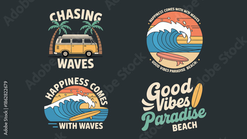 Photography Vibrant Beach-Themed Retro Surfing Designs with Surfboards and Vans