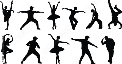 Black Dance Silhouettes Set Featuring Ballet Breakdance and Contemporary Performers in Dynamic Poses Isolated on White Background for Arts Graphic Design