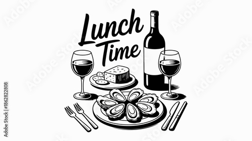 Lunch Time Illustration with Wine, Seafood, and Cheese