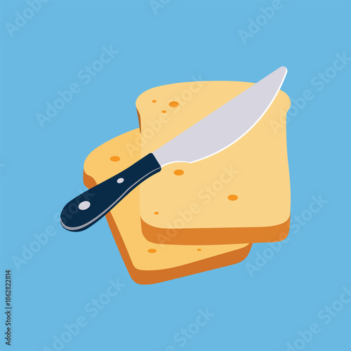 Flat vector illustration of sliced bread with butter knife on blue background, representing breakfast food concept and bakery items.