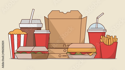 Delicious Fast Food Meal with Burger, Fries, Drinks, and Soda