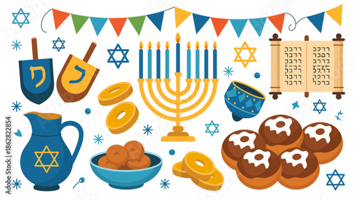 Festive Hanukkah Celebration with Menorah, Dreidels, and Traditional Foods