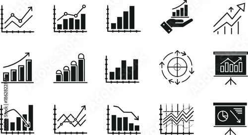 Business Growth and Financial Graph Icon Set Featuring Upward Trends Bar Charts Infographic Elements and Presentation Data Visualization for Corporate Analytics