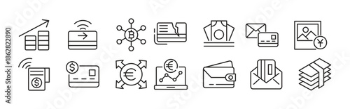 Payments line icon set. money, receipt, invoice, document, atm, cash, coins, credit card, wallet, savings, finance, growth, investments line icon set. Ui thin line icon pack.