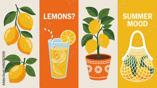 Vibrant Lemon Illustrations with Summer Mood and Refreshing Drink