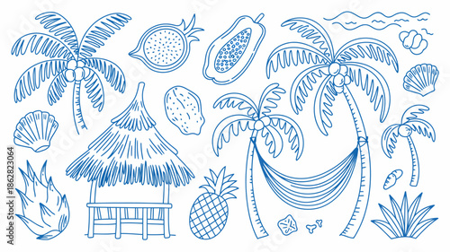 Tropical Sketch Illustration with Palm Trees, Fruits, and Beach Elements