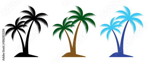 Stylized vector palm tree icons in black, green, and blue color variations