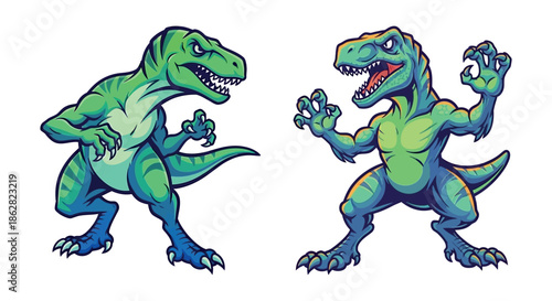 Two cartoon dinosaurs standing on their hind legs in a playful stance against a white background