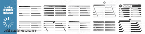 Set of vector loading icons, progress bars and status indicators for web interface, download and upload elements, clean UI collection on transparent background