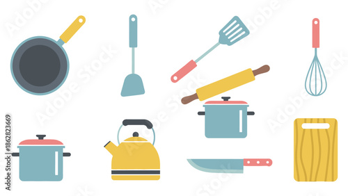 Flat Cooking Utensils Icon Set for Kitchen Tools and Food Preparation