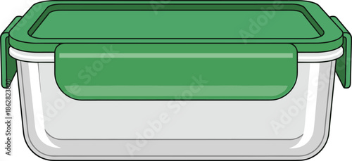Rectangular food storage container with green lid and side clasps for airtight sealing