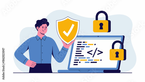 developer holding a shield next to a laptop with secure code vector illustration