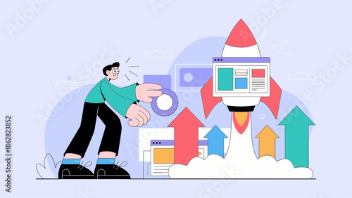 man launching a rocket carrying a new website vector illustration 