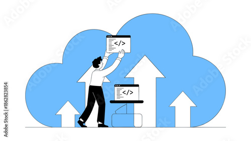 developer deploying code to the cloud vector illustration