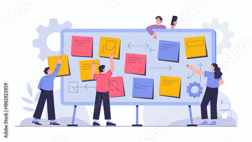 team working on a large kanban board with sticky notes vector illustration 