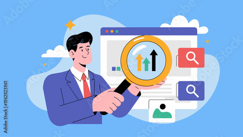 businessman analyzing a website with a magnifying glass vector illustration