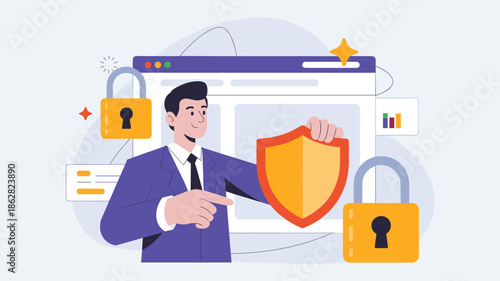 businessman protecting a website with a shield and locks vector illustration 
