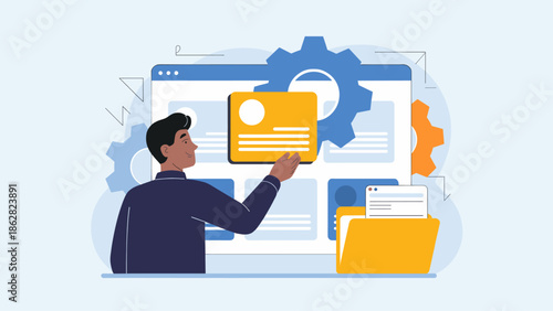man managing content on a dashboard vector illustration