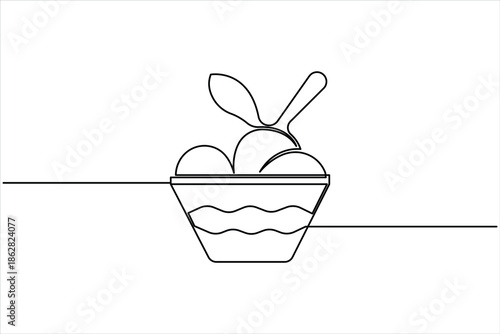 Continuous single line drawing of ice cream cup. Ice cream cup line art dessert, sweet and cold food illustration