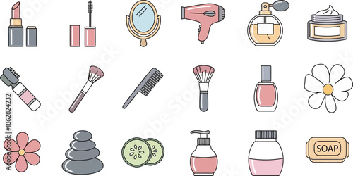 Collection of beauty and skincare products icons