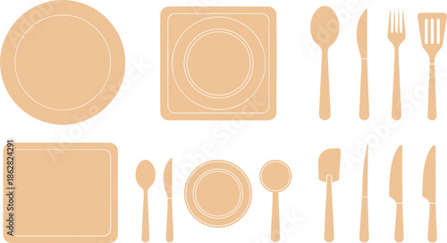 Monochromatic kitchenware icon set with plates, bowls, trays, spoons, forks, knives, spatula, and ladle