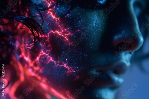Human face with glowing red fractal lines and blue sparkles on skin, showing futuristic technology and energy concepts