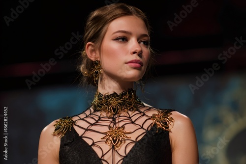 Female model showcasing a dramatic black dress featuring intricate spiderweb and spider embellishments during a fashion event