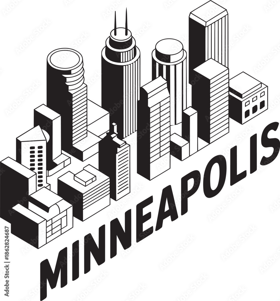 Fototapeta premium Isometric minneapolis city skyline vector art featuring downtown skyscrapers and urban towers