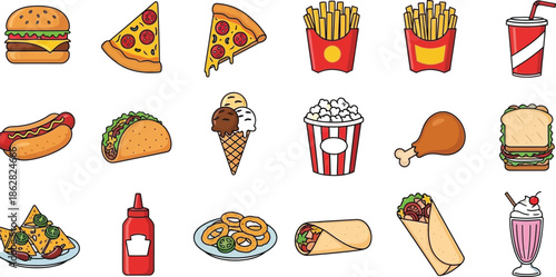 Fast food icons and various tasty meals