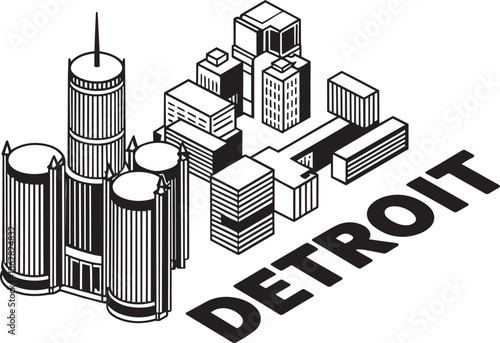 Outline drawing isometric detroit skyline with prominent skyscrapers and city text