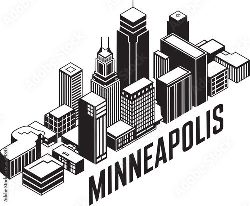 Solid black isometric minneapolis cityscape with bold dimensional typography presentation