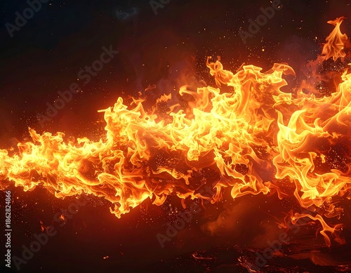 Fiery, dynamic trail of flames dancing against a dark background