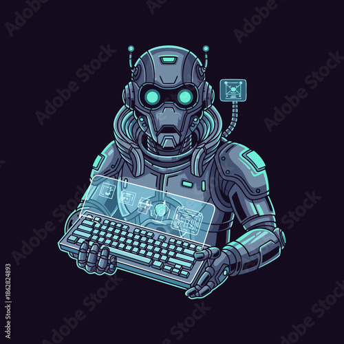 Futuristic hacker character using laptop with holographic HUD, cyberpunk sci fi illustration