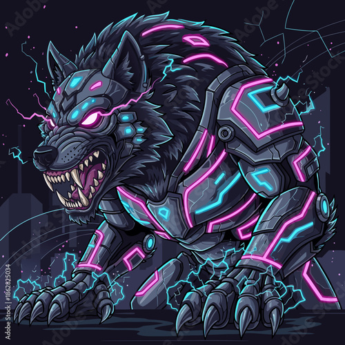 Futuristic cyberpunk wolf with neon circuit armor and aggressive pose, sci fi digital illustration