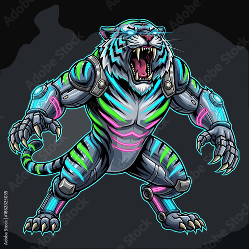 Cyberpunk armored tiger with neon lines and powerful stance, futuristic sci fi creature illustration