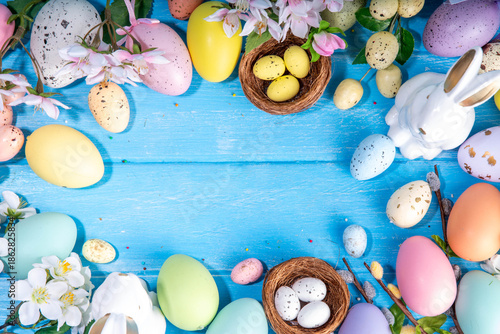 Spring Easter holiday top view flat lay background