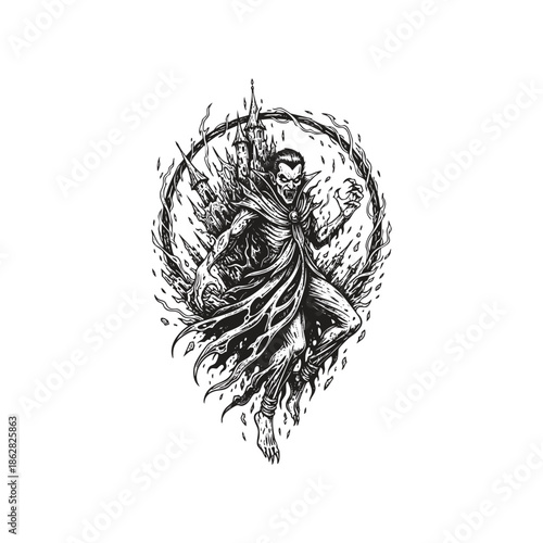 Dark fantasy engraving of a powerful vampire lord in a tattered cape, featuring a gothic castle and mystical energy.