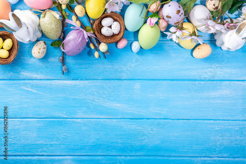 Spring Easter holiday top view flat lay background