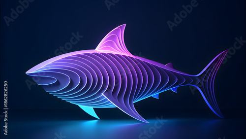 Abstract futuristic glowing whale illustration with neon purple blue curves, modern digital art windows 11 wallpaper
