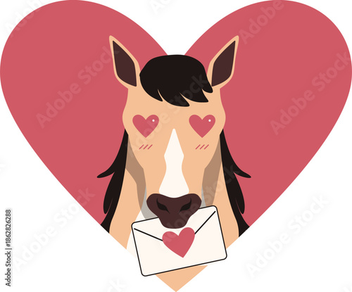 Cute horse with heart-shaped eyes holding a love letter inside a pink heart, horse valentine