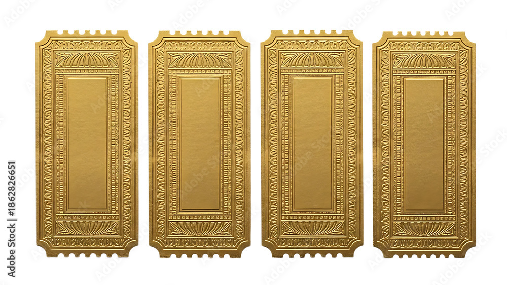 Fototapeta premium Four Gilded Tickets with Ornate Borders and Serrated Edges on White