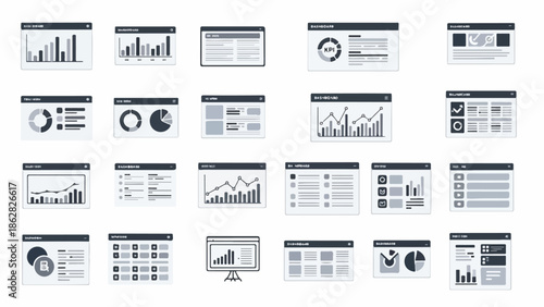Collection of data visualization dashboards and interface elements for analytics and reporting