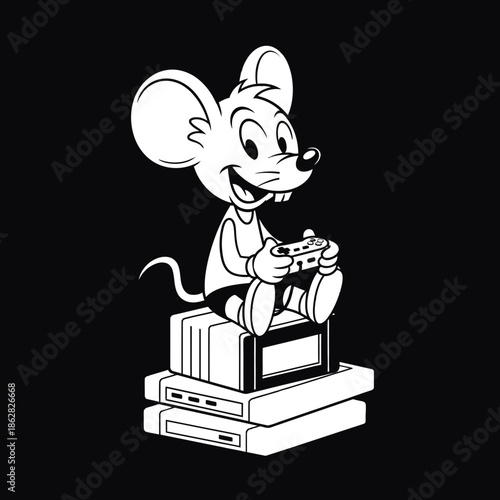 A cheerful cartoon mouse sits on a stack of retro video game consoles, happily playing with a controller in a black and white illustration.