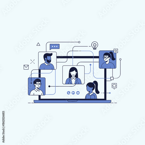An illustration of a diverse group of people participating in an online video conference call on a laptop, connected by lines and icons.