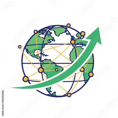Global network with an upward trend arrow, symbolizing growth and interconnectedness across the world.